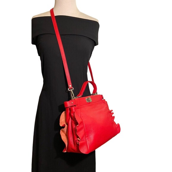 Borse in Pelle Handbag Shoulder Bag Satchel Red Pebbled Genuine Leather Italy - Picture 3 of 12